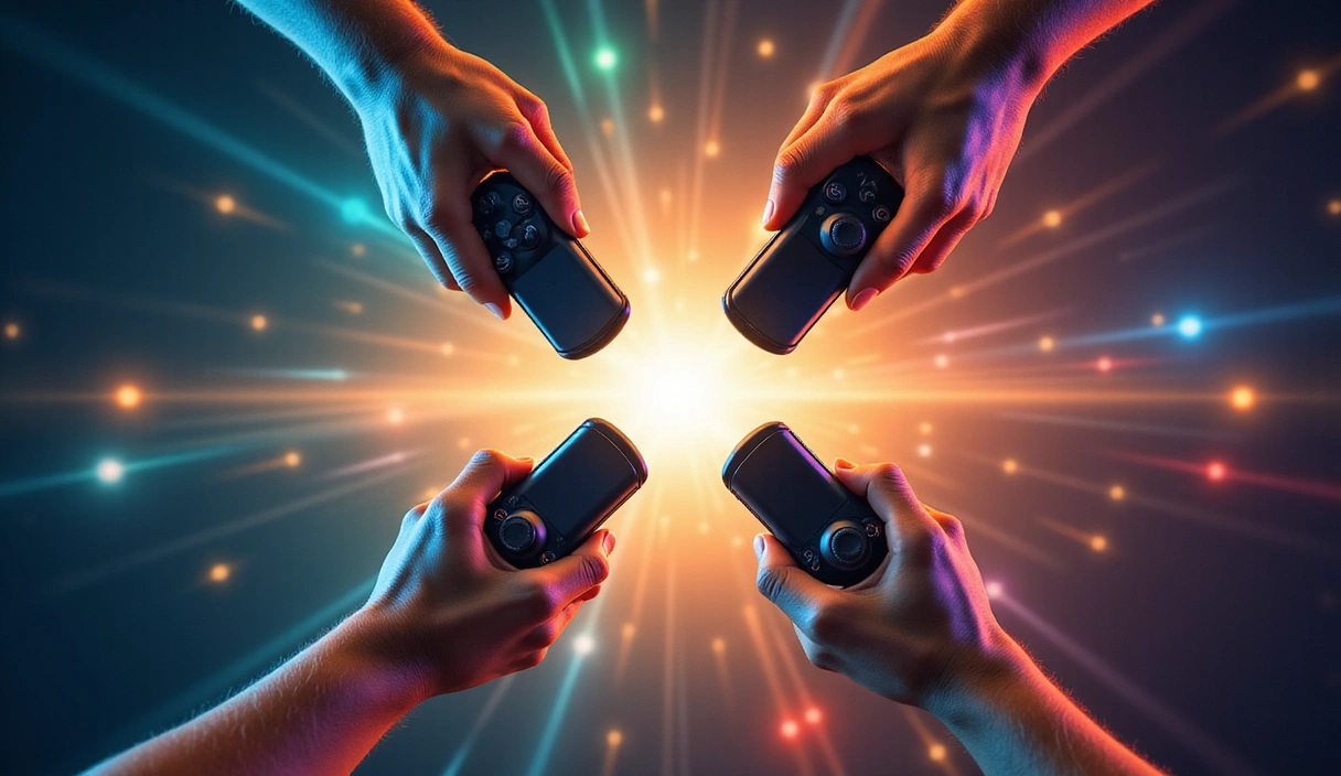 Four diverse hands each holding a gaming controller, symbolizing the core principles of inclusivity, discovery, connection, and competitive fun.