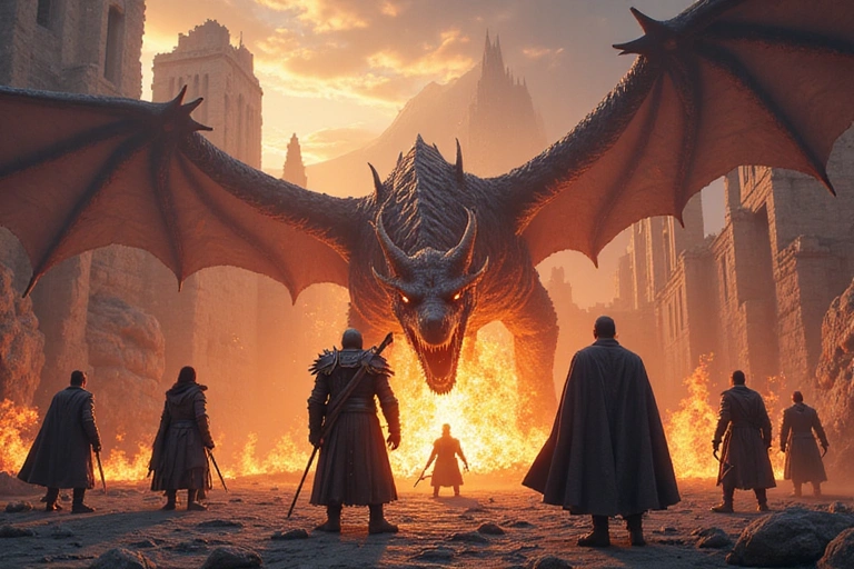 MMORPG game scene with multiple players fighting a dragon