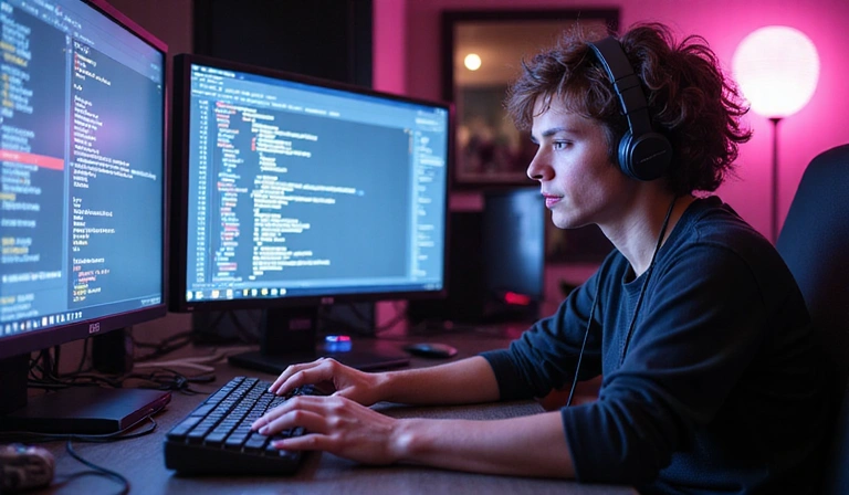 Game developer working on code and assets, creative environment