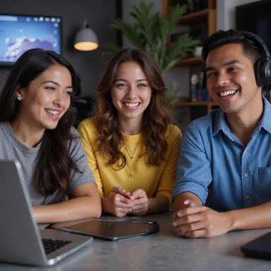 Group of diverse gamers collaborating online, smiling