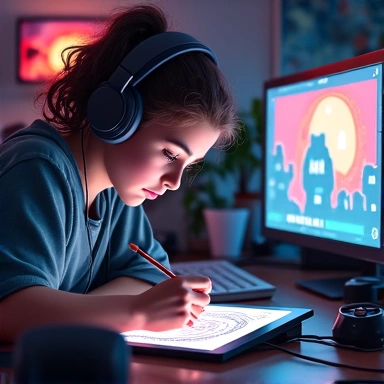 Young female gamer creating fan art, focused and artistic