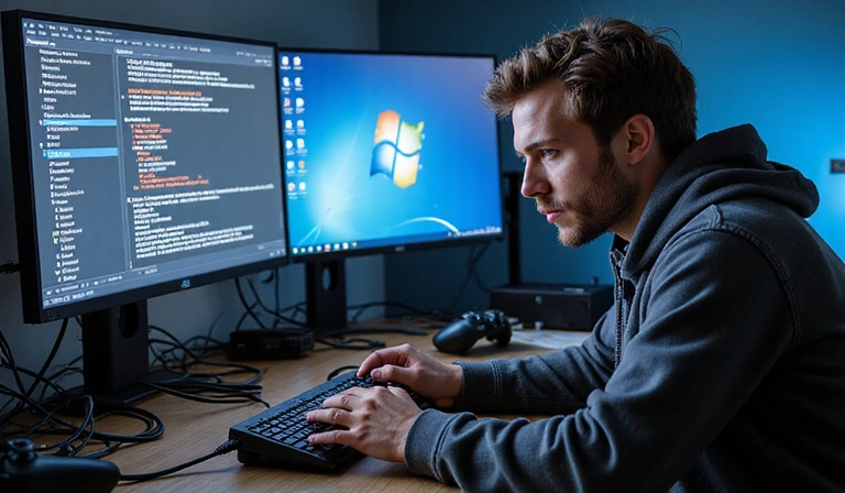A person troubleshooting a gaming setup with multiple screens and cables, highlighting crossplay issues