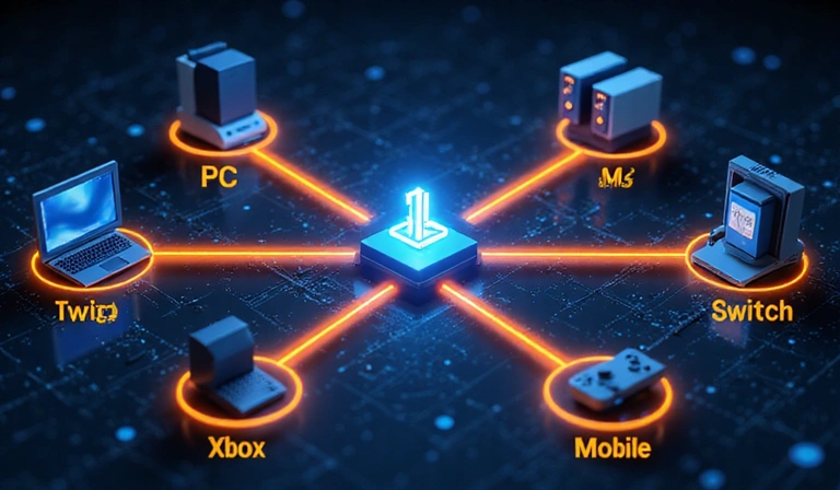 A stylized network diagram showing optimized data flow between different gaming platforms