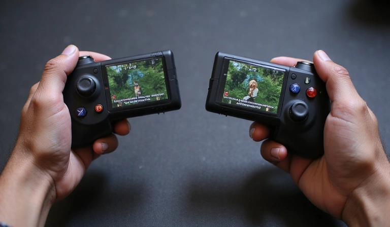 Two hands holding game controllers, with a virtual invitation floating between them, symbolizing crossplay invites