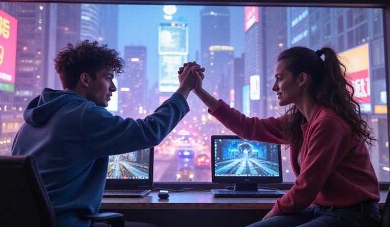 Two gamers on different platforms high-fiving in a virtual world, illustrating crossplay